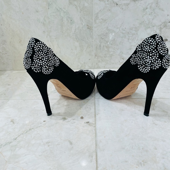 KAREN MILLEN {6} Black Silver Beaded Pumps Peep Toe Stiletto - Picture 9 of 16